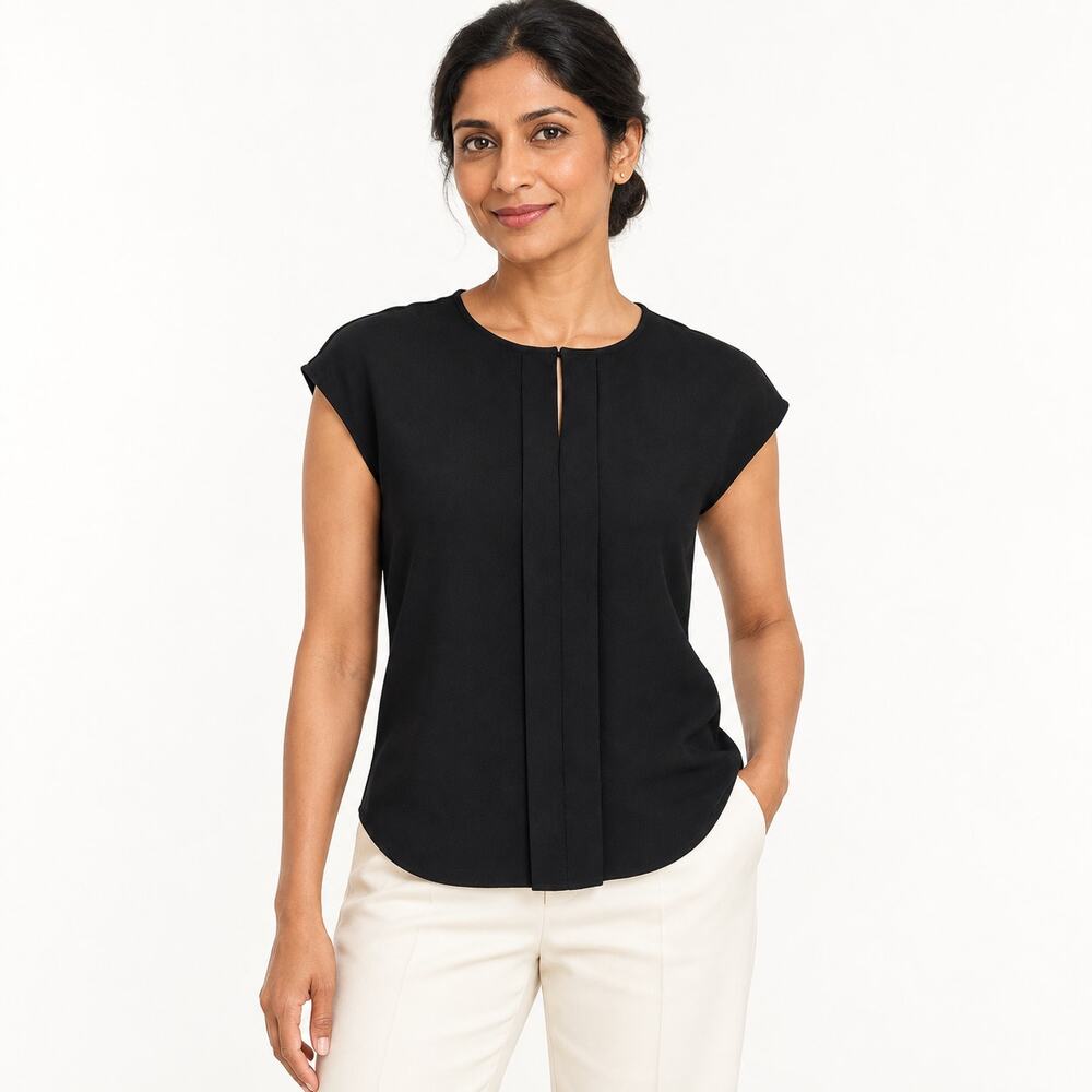 J.Crew Blouse WMNS 0P Black Crepe Pleated Keyhole Cap Sleeve Minimalist Workwear